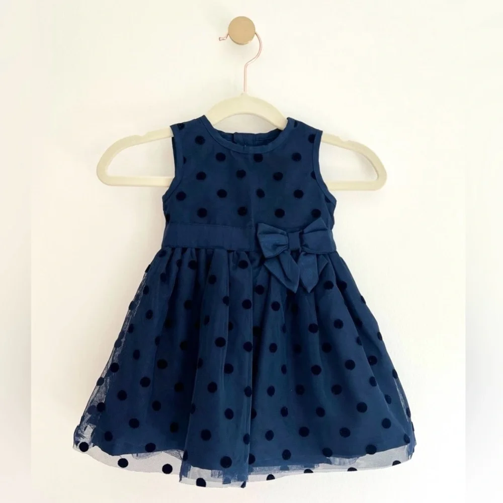 Carter's Elegant Navy Formal Dress w/Velvet Polka Dots & Bow Baby Girl 6 Months